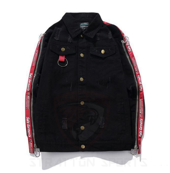 Men side sleeve letter tape ripped denim jacket - Black - Image 2