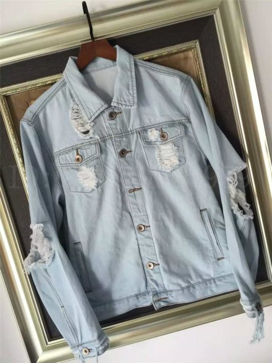 Men letter print ripped denim jacket - Image 4