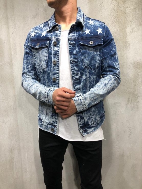 MEN STYLISH STAR TRUCKER RIPPED DENIM JACKET - BLUE