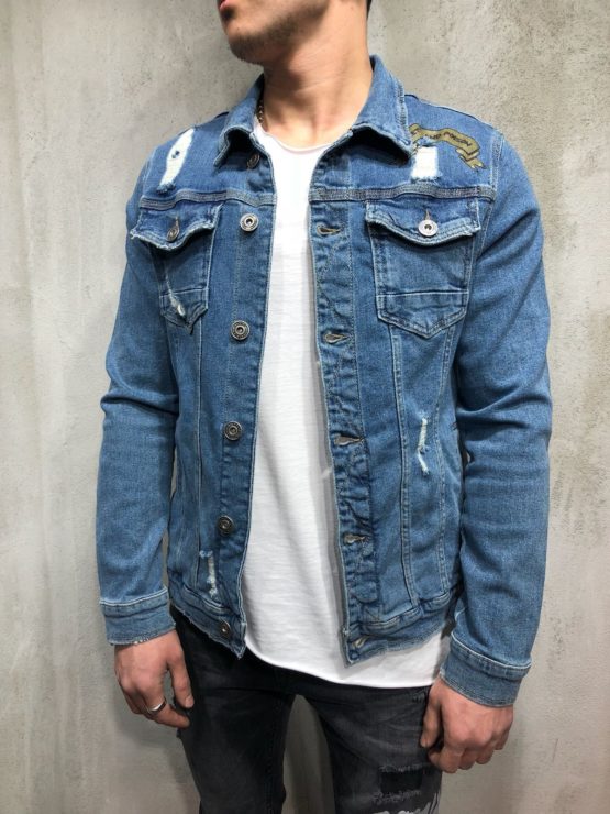 Men Stylish custom patch Ripped denim jacket